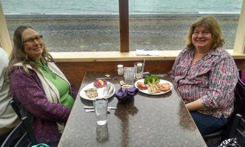Shelley and Diane enjoying a seafood dinner