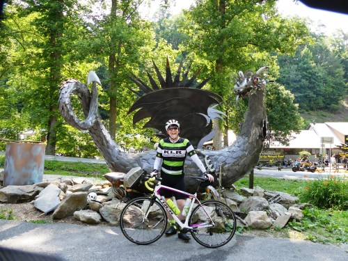 David stopping to pose with the dragon during the ride on Saturday.